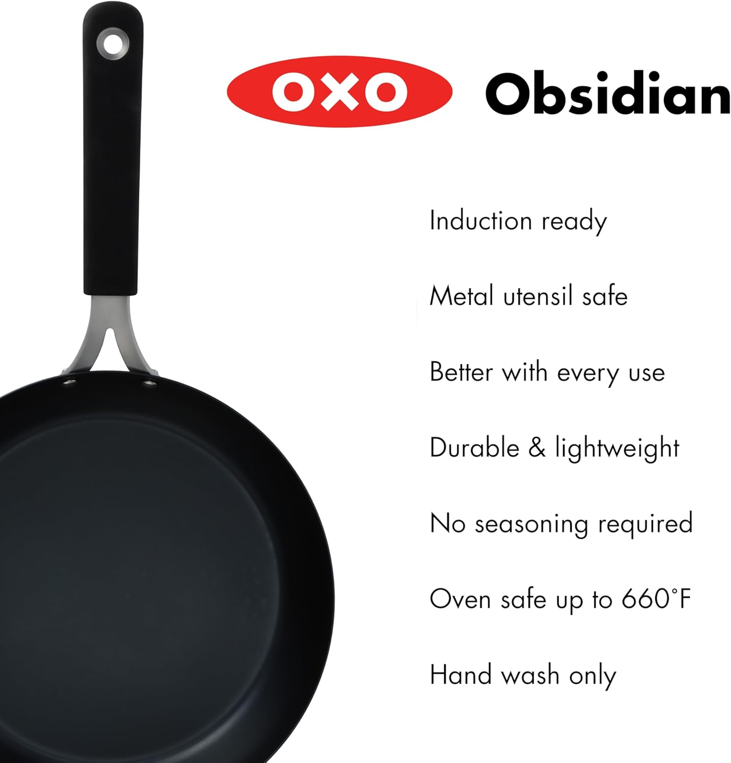 OXO Obsidian Pre-Seasoned Carbon Steel, 12" Frying Pan Skillet with Removable Silicone Handle Holder, Induction, Oven Safe, Black