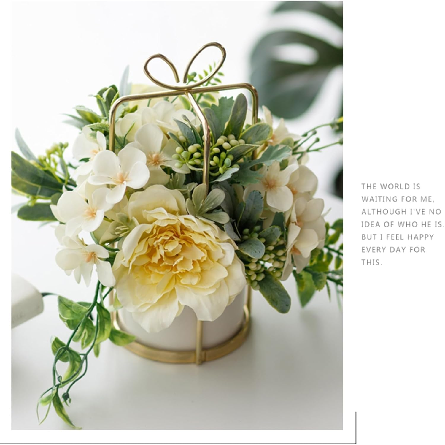 Hbluefat Fake Flowers in Vase, Fake Artificial Flowers with Ceramics Vase, Small Silk Floral Arrangement for Home Office, Coffee Dining Table Centerpiece Decor (Liya Yellow, Gold)