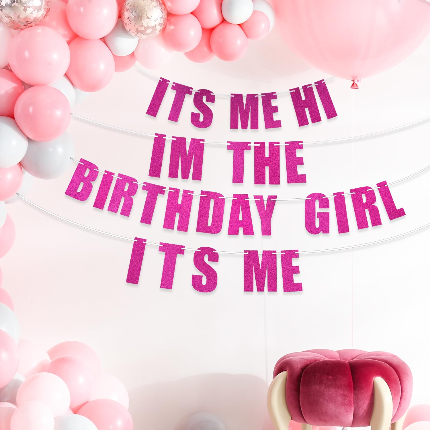 Pre-Strung It'S Me Hi I'M the Birthday Girl It'S Me Banner, Hot Pink Birthday Party Decorations Glitter Singer Party Garland Backdrop image number 2