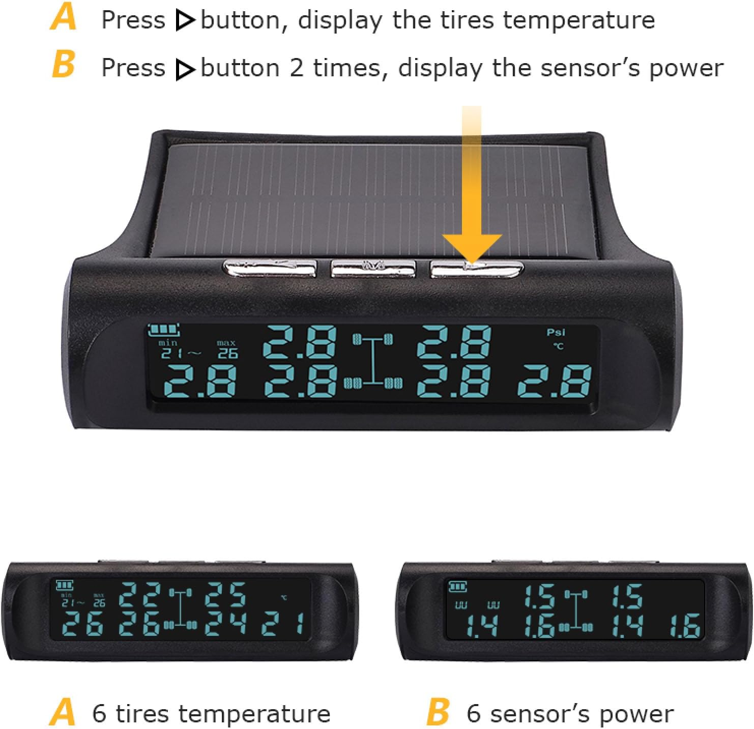 RV Tire Pressure Monitoring System, USB or Solar Powered TPMS Detector with 6 Sensor LCD Display, Solar Charge Tire Pressure Monitor for Campers, Trailers, Car SUV MPV Sedan