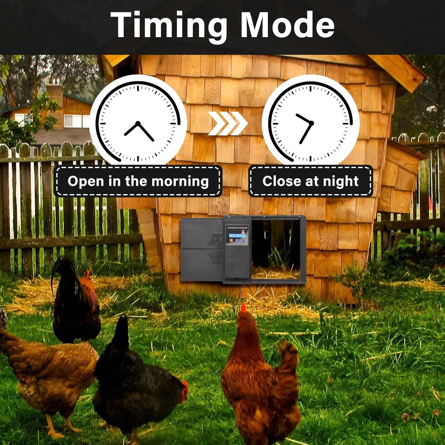 Automatic Chicken Coop Door with Programmable Timer, USB Charging, Anti-Pinch Waterproof & Anti-Trap Protection, LCD Display Door Opener, Chicken Doorsfor Fully Automatic Night Day Operation (Black) image number 4