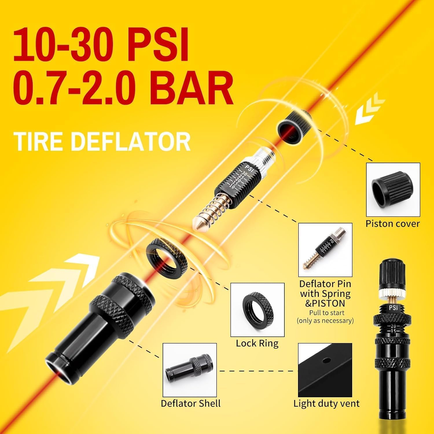 Dsocool 4 Pcs Automatic Tire Deflators Kit, 10-30 PSI / 0.7BAR-2.1BAR Adjustable Tire Deflator with 4 Valve Caps, Auto-Stop Tire Air Deflator Valve for Cars Trucks Motorcycles Offroad Vehicle Atvs Tir