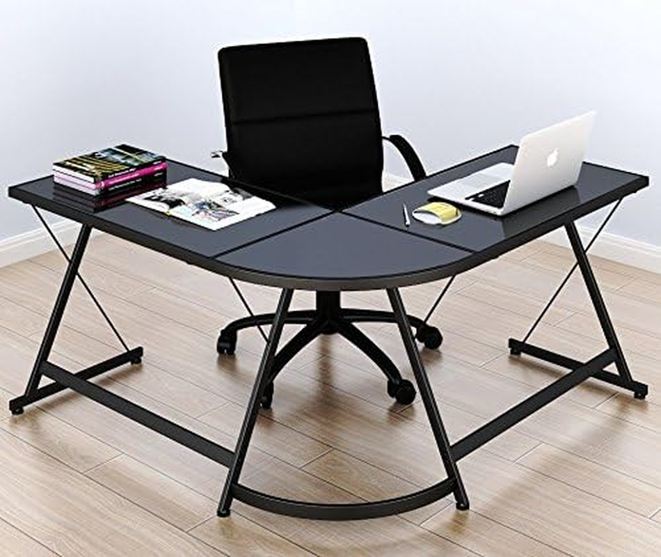 SHW Tempered Glass Gaming L-Shaped Computer Desk, Black image number 1