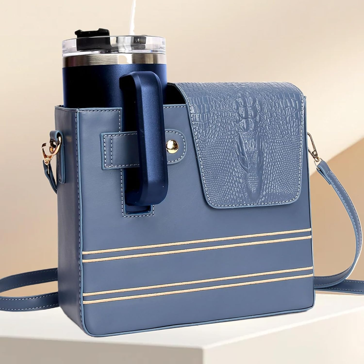 Purse with Cup Holder - Waterproof Portable Strap Pockets | Water Bottle Bag,Portable Shoulder Purse Multiple Pockets for Women Outdoor Sports Walking Hiking Travel Commuting Camping Cycling - Blue image number 6