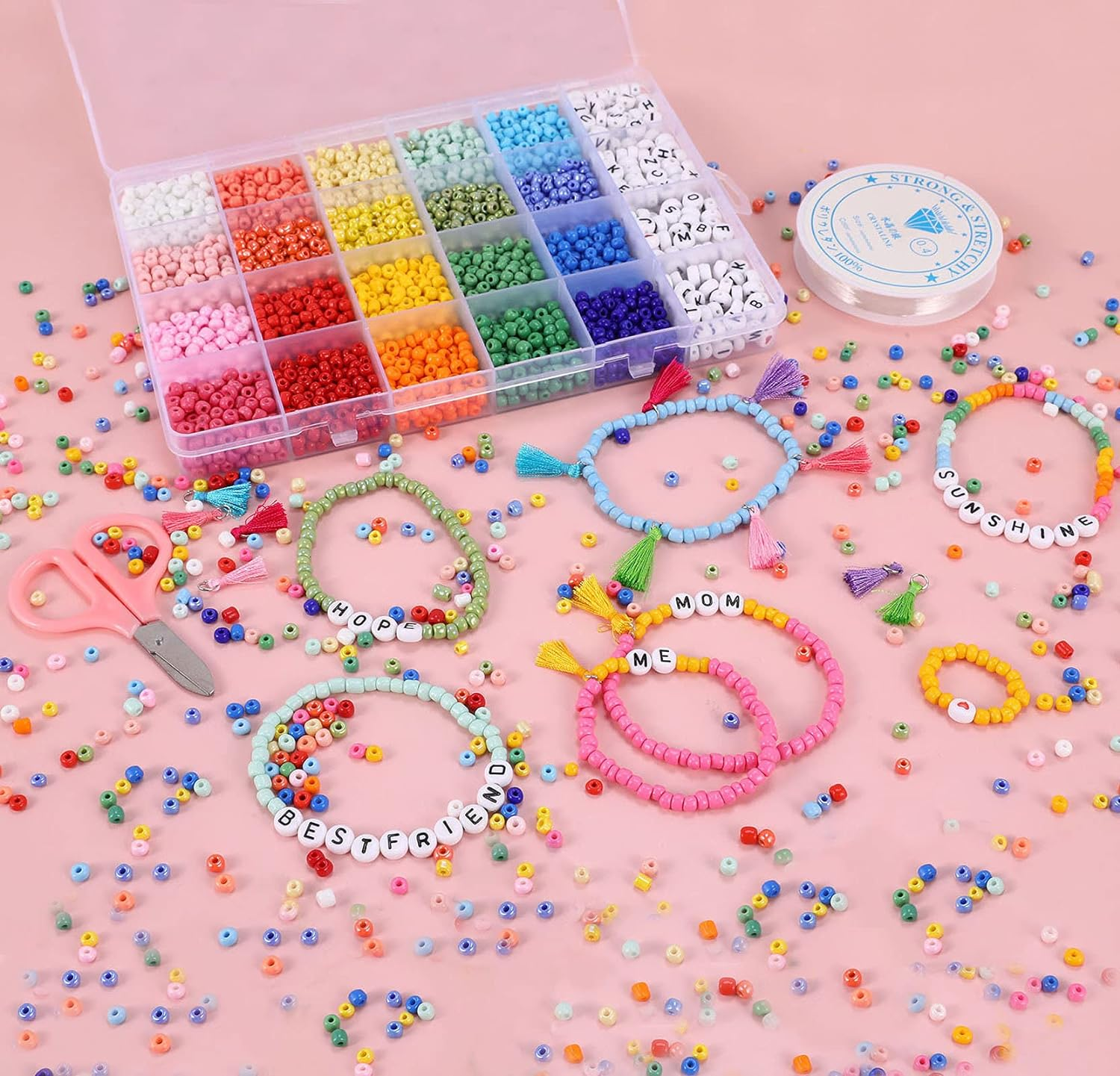Miss Rabbit Jewelry Making Kit 4 Mm Glass Seed Beads for DIY Bracelet Making Kit for Kids Girls Adults Crafts Alphabet Letter Beads for Friendship Bracelet Elastic String Charms Tassel image number 5
