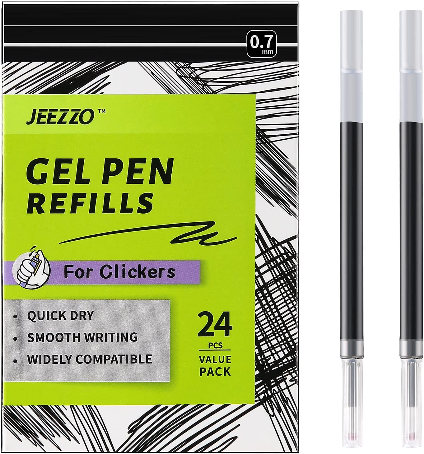 JEEZZO Gel Ink Refills Black Medium Point Compatible with Pilot Pentel Sharpie Uni-Ball Zebra Clickers for Working Drawing and Journaling 24 Pcs image number 5