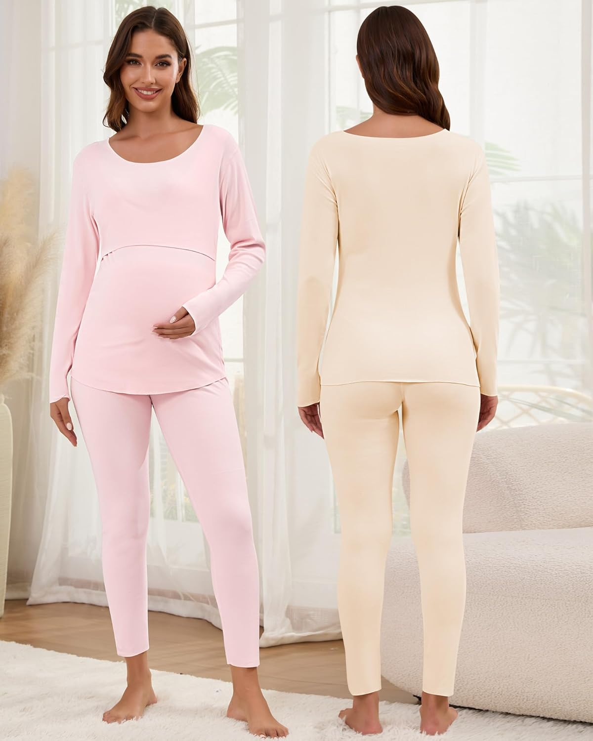 Patelai 2 Pack Thermal Nursing Underwear for Women Maternity Pajama Set Breastfeeding Sleepwear Fleece Lined Pregnancy Set image number 4