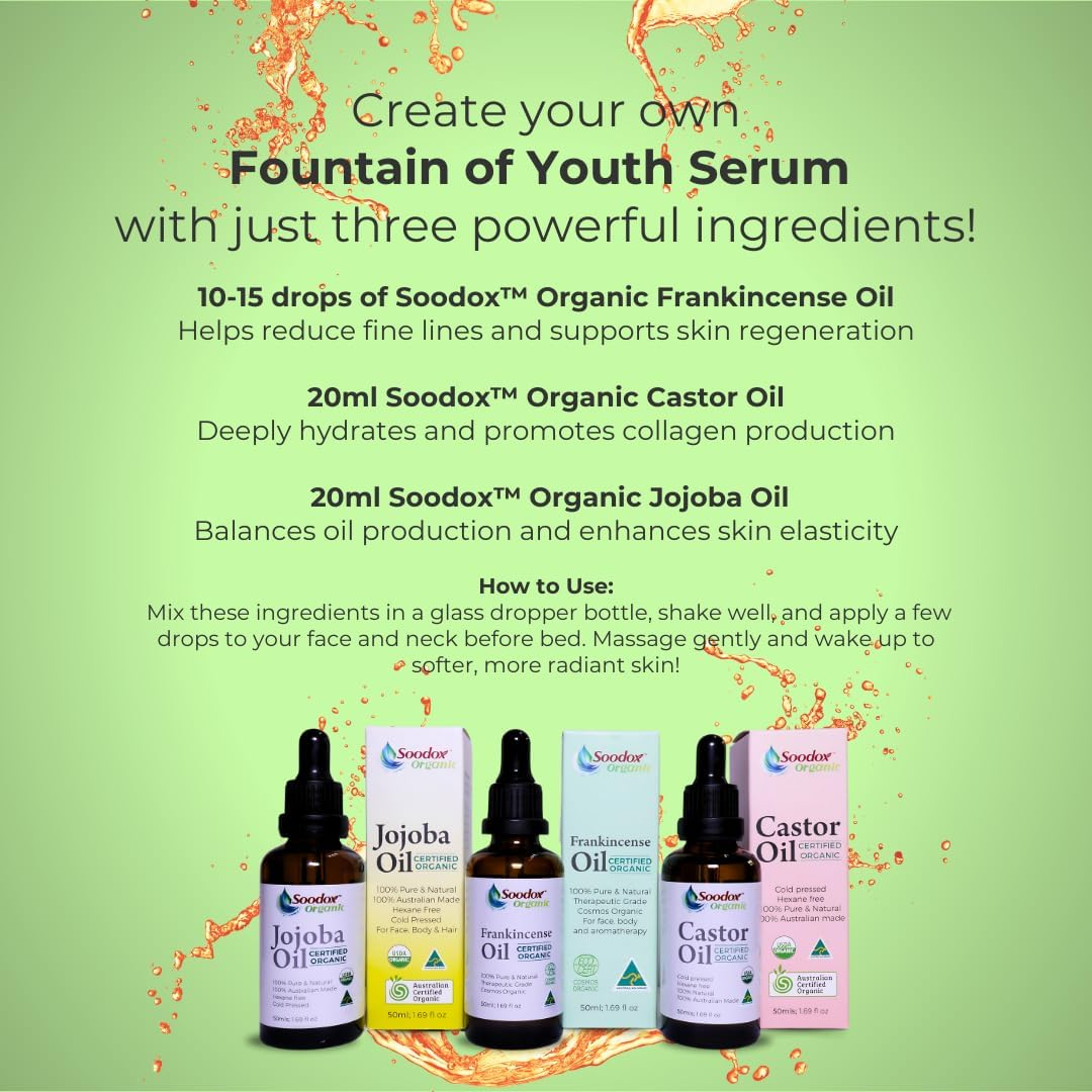 Soodox Organic Frankincense Oil - 100% Organic Essential Oil - 100% Boswellia Serrata - 100% Australian Made - Skin Moisturizer, Aromatherapy Oil, Massage, Immune Support, Inflamation, Hair Growth, Scalp Strength, Nailcare - Comes in a Amber Glass Dropper Bottle