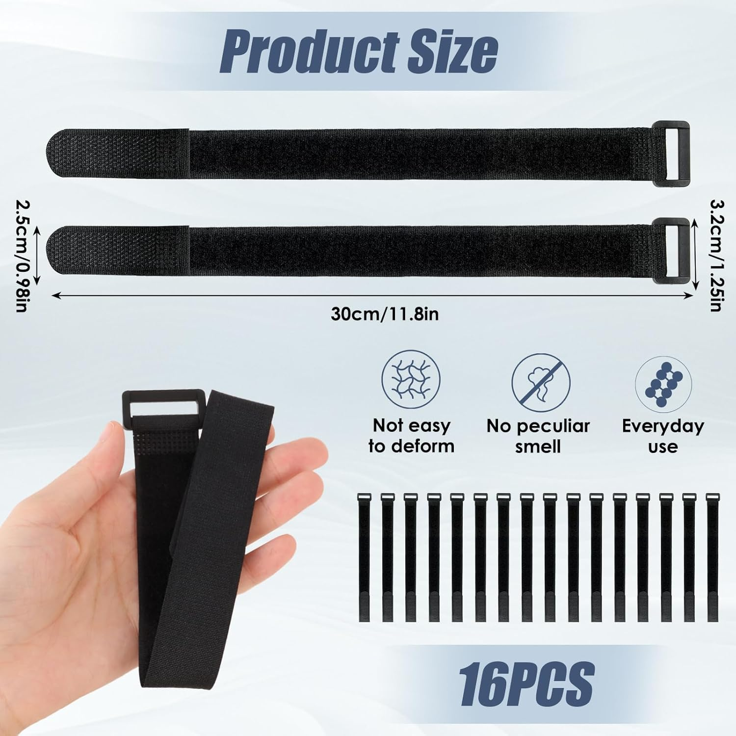 16 Pack Hook and Loop Cable Ties, 1" X 12" Hook and Loop Straps with Buckles - Heavy Duty Reusable Adjustable Cable Organizers for Home, Office & Car (Black) image number 4
