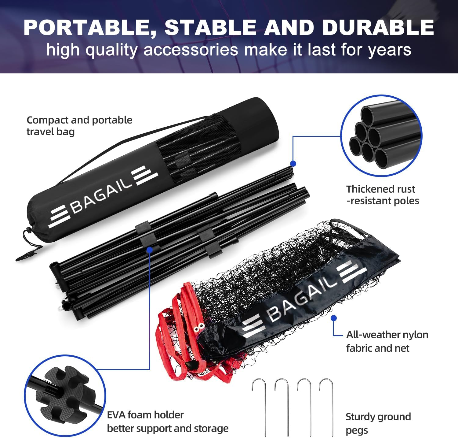 BAGAIL Badminton Net, Height Adjustable Kids Volleyball Net, Foldable Nylon Net 10 Ft/14Ft/17Ft Wide, Tennis Net, Small Pickleball Net for Backyard Game and Indoor Outdoor Use, Easy Setup image number 1