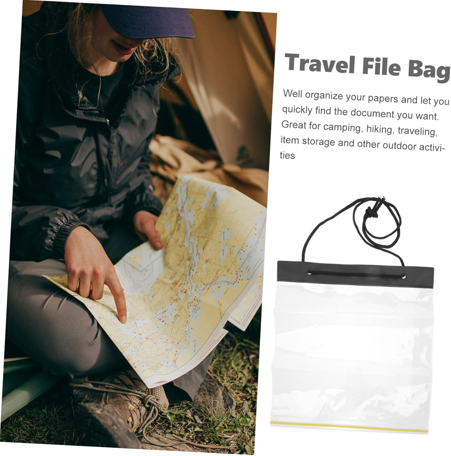 DIYEAH Waterproof Map Case File Document Bag PVC Drawstring Pouch Foldable Travel Organizer for Outdoor Training School Office Use