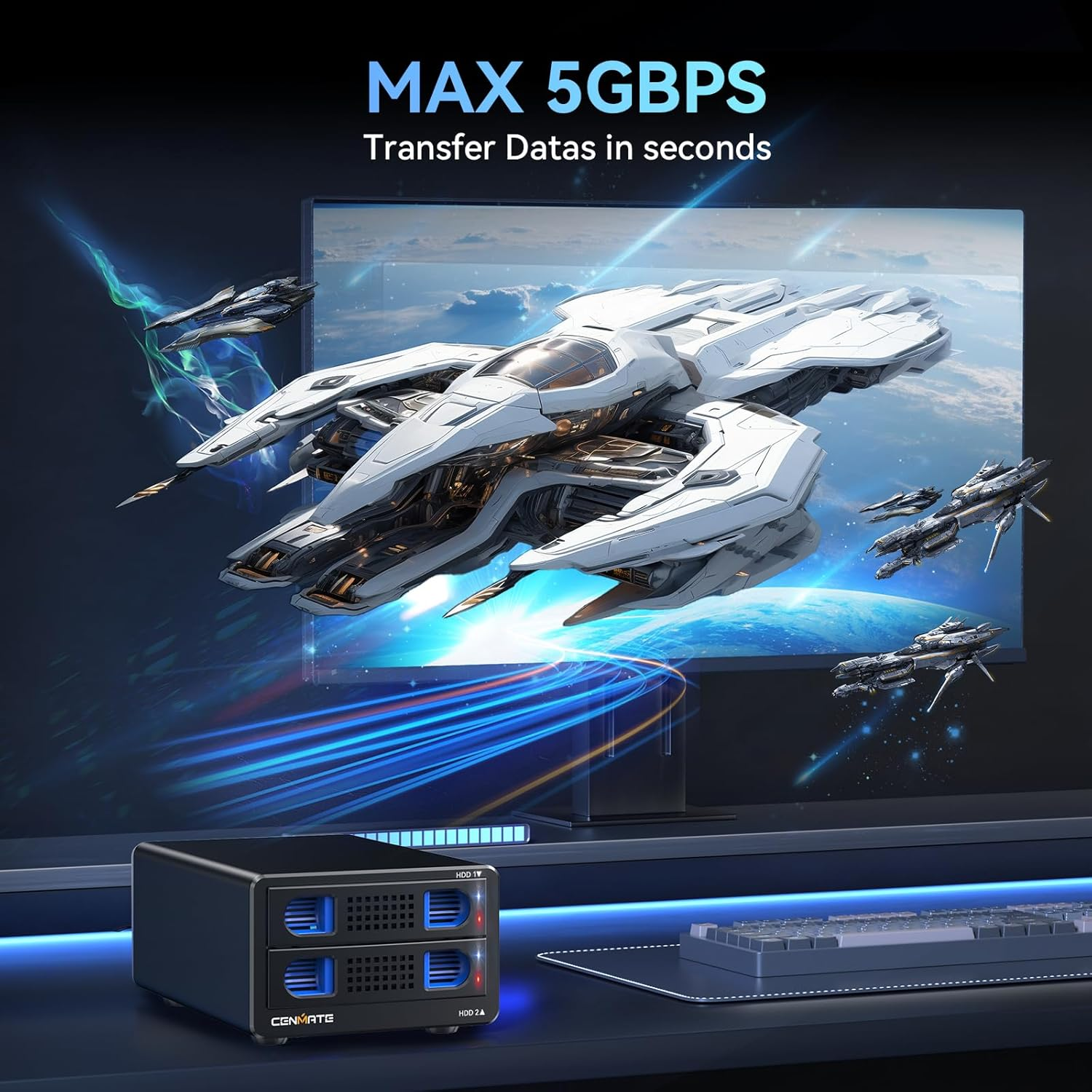 CENMATE Aluminum Dual Bay Hard Drive Enclosure with Cooling Fan for 2.5&ldquo;/3.5" SATA HDD/SSD with USB A/C 3.0, Support Hot Swappable, Daisy Chain Expansion, Tool-Free HDD Enclosure, DAS(NO RAID/NAS) image number 1