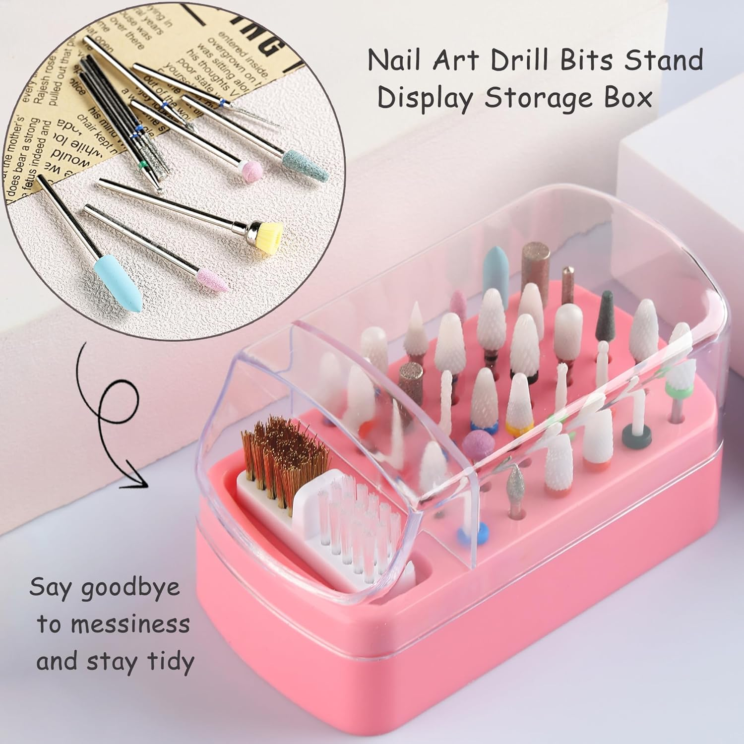 Fspronail Nail Bit Holder & Nail Drill Bit Cleaner 2 in 1, 30 Holes Nail Drill Holder Organizer Nail Bit Brush Cleaner Drill Bit Holder for Nails Dustproof Stand Displayer Storage Box Tools image number 3