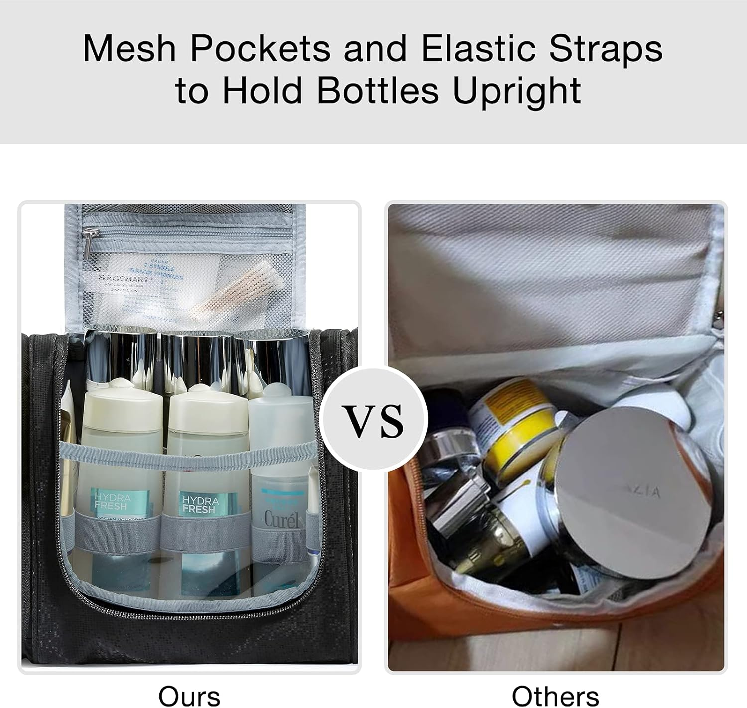 BAGSMART Toiletry Bag for Women, Travel Toiletry Organizer with Hanging Hook, Water-Resistant Cosmetic Makeup Bag Travel Organizer for Shampoo, Full Sized Container, Toiletries, Black, Medium, image number 3