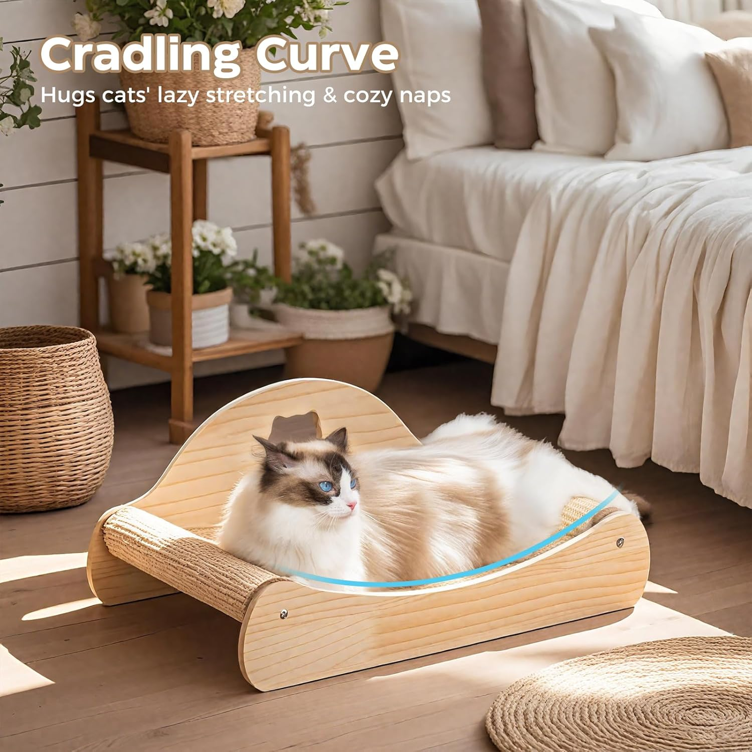 Avont Sisal Cat Scratcher Bed Wood Scratch Lounger Scratching Chair for Indoor Cats, Comfortable Hammock for Naps Kitten Scratch Pads Nature Wooden Furniture for Cat -Nature image number 1