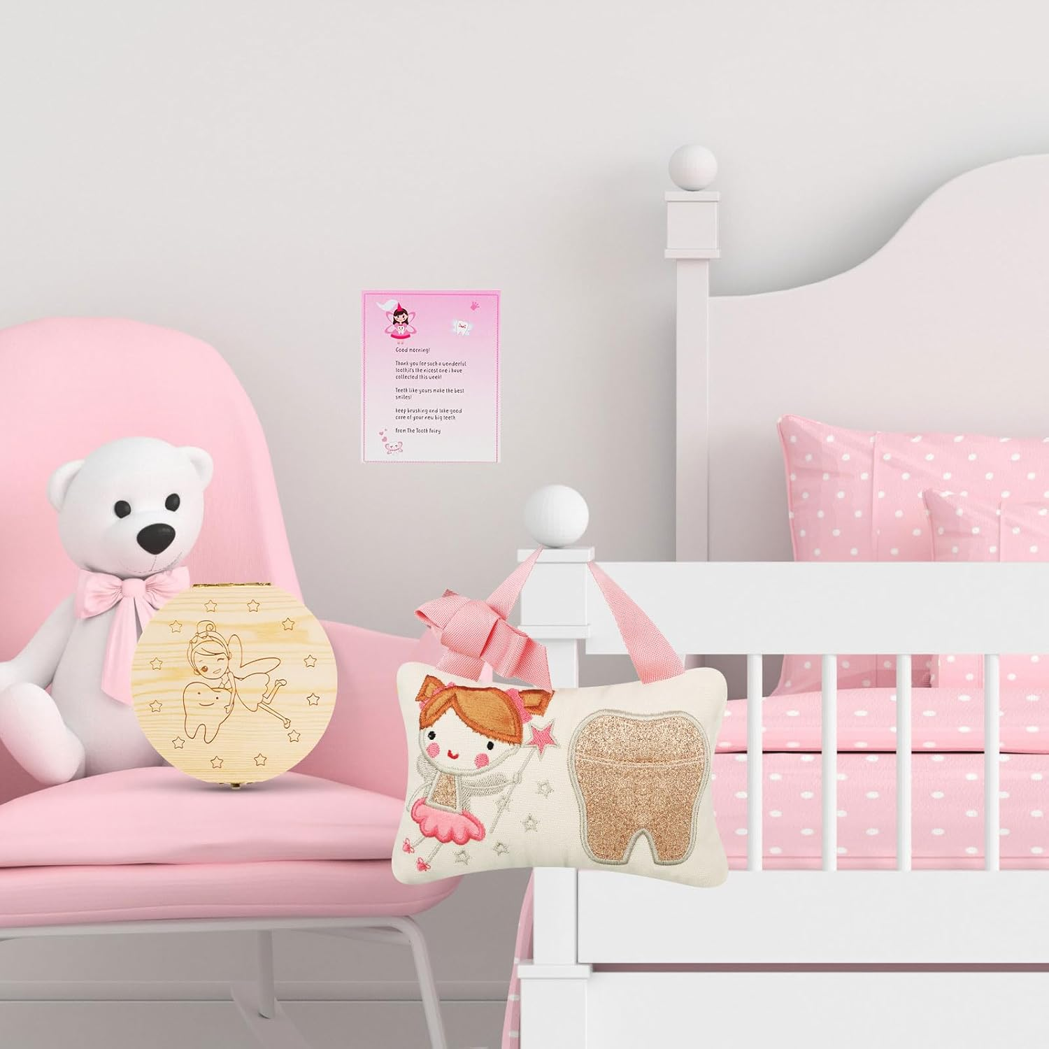 Qunclay Tooth Fairy Kits Includes 3.9 X 5.9 Inch Cute Tooth Fairy Pillow Wooden Keepsake Box Container and 20 Warm Letters(Pink,Girl Style) image number 3