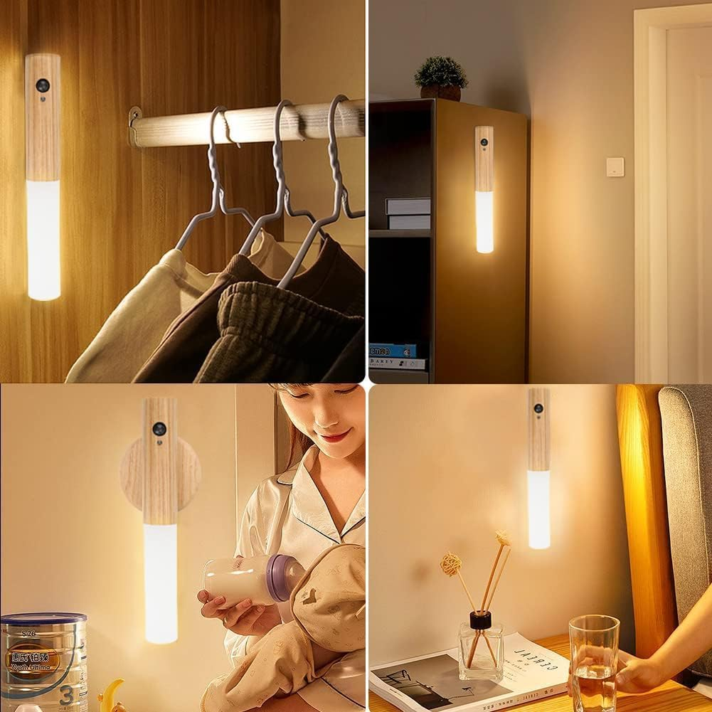 BLAZDEVE Wooden Wall Light with Motion Sensor Indoor, USB Rechargeable Indoor Wall Lamp Cabinet Lights, Warm White Wireless Battery LED Wall Light with Switch for Bedroom Stair Hallway