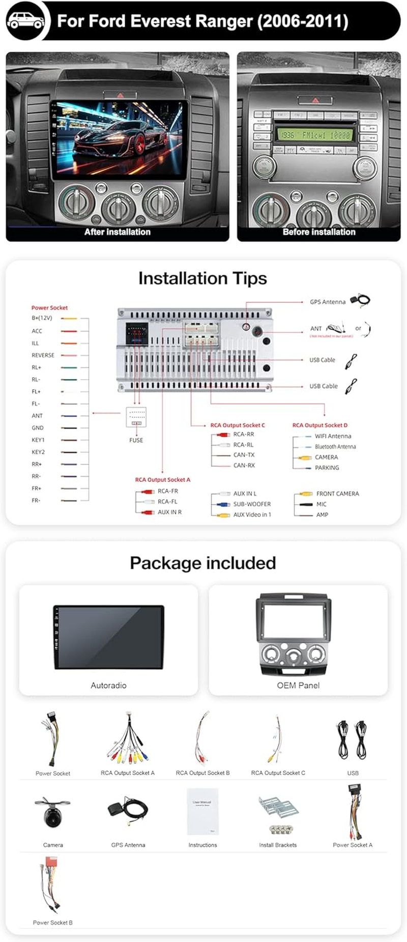 BXLIYER Android 14 IPS Car Stereo for Ford Ranger/Everest/Mazda BT50 J97M (2006-2013) - 2G+32G - Wireless Carplay/Android Auto - Rear Camera Free - 9 Inch 2 Din - DAB Steering Wheel Fast-Boot image number 3