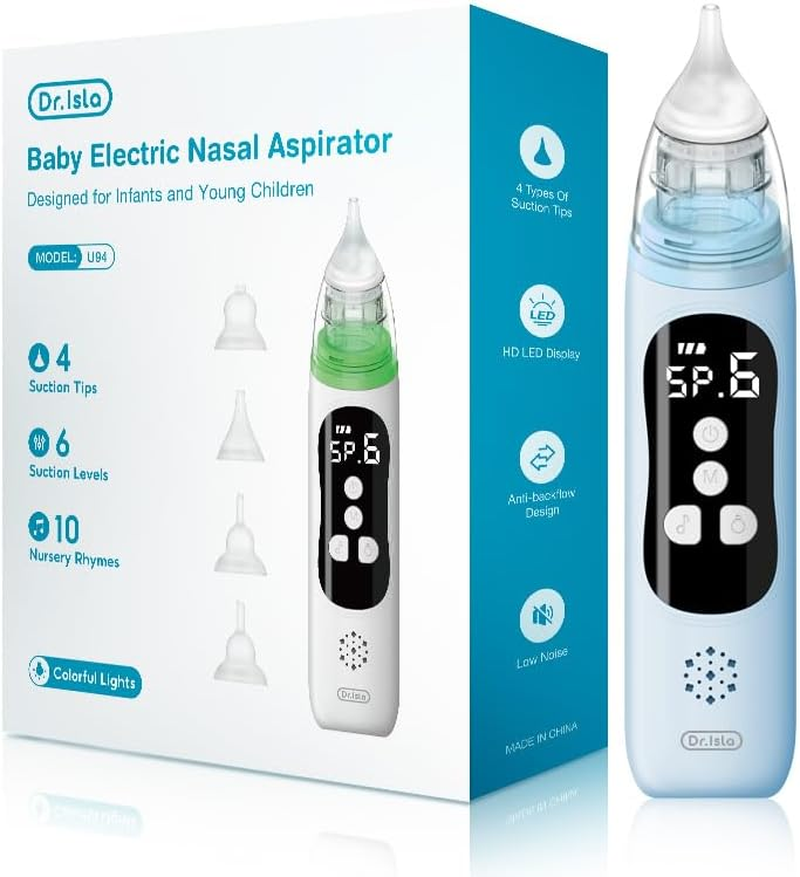 Henkion Baby Nasal Aspirator - Electric Nose Sucker for Baby - Auto Snot & Nose Cleaner Kit with 4 Silicone Tips, Carry Bag & Cleaning Kit, 6 Suction Levels, Music & Light Soothing Function, Blue image number 1