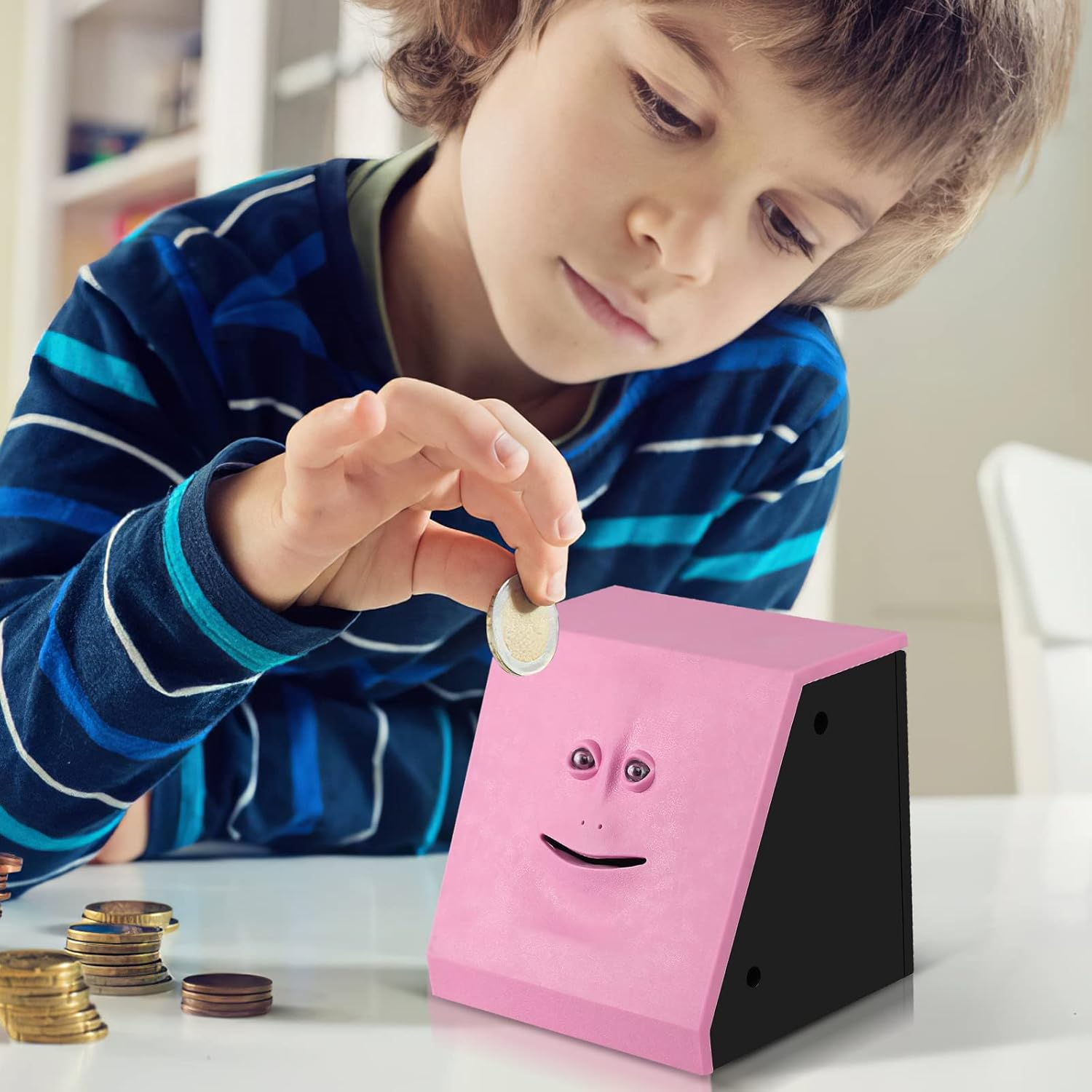 Blingbin Coin Eating Saving Bank Face Monkey Battery Operated Novelty Saving Box Piggy Bank for Kids - Brick Blue image number 4