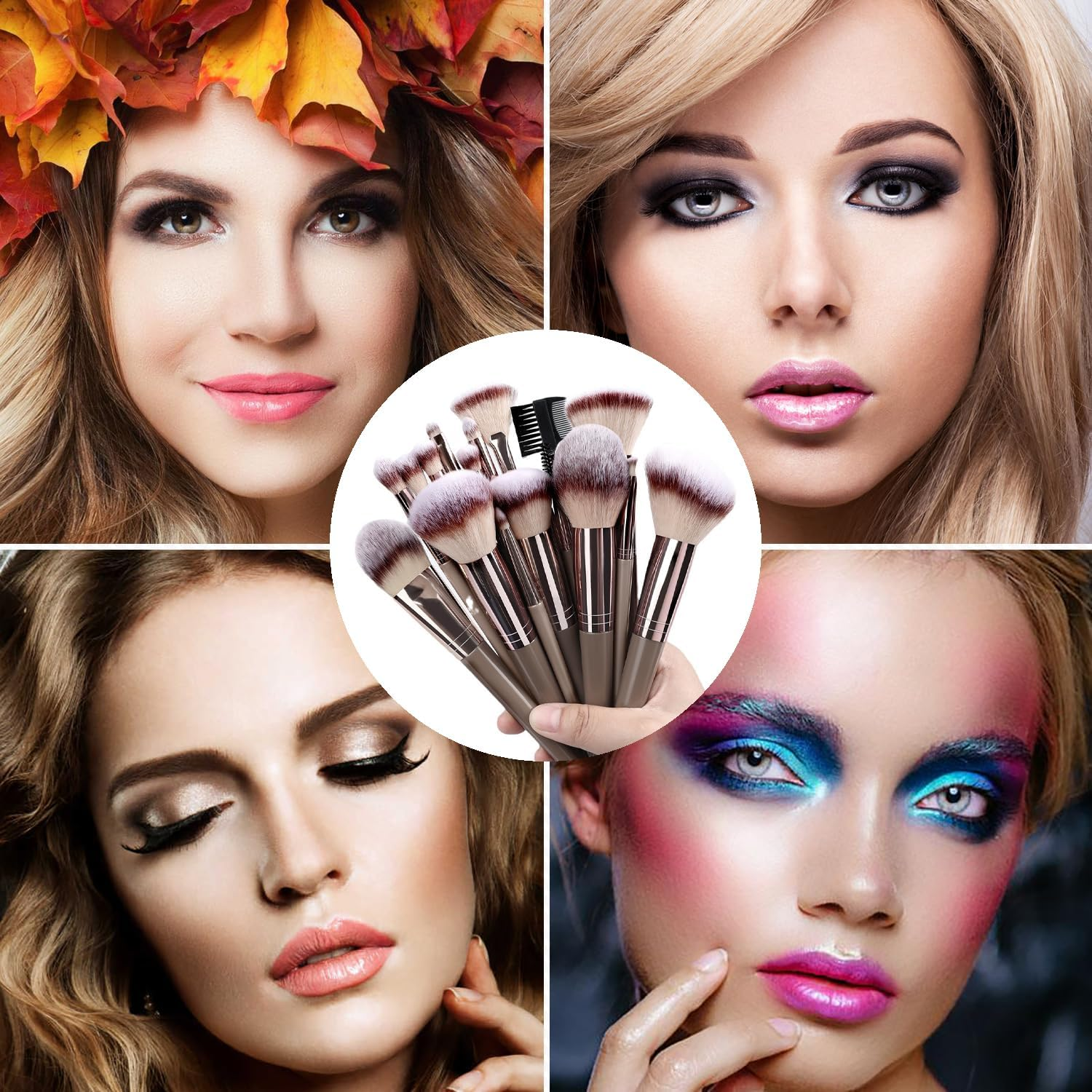 15 Pieces Professional Makeup Brush Set with PU Leather Cosmetic Bag Suitable for Mixed Foundation, Concealer, Blush, Eyeshadow, Contouring (Champagne Gold) image number 1