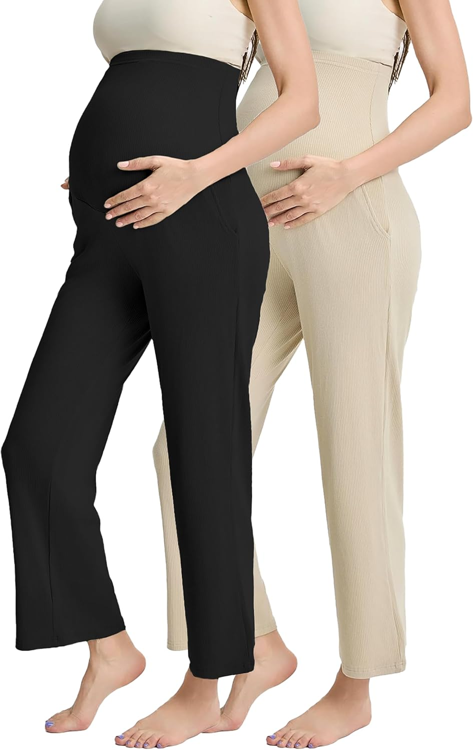 Liu & Qu Womens Maternity High Waisted Lounge Pants Casual Stretchy Ribbed Palazzo Pants Pregnancy Trousers with Pockets