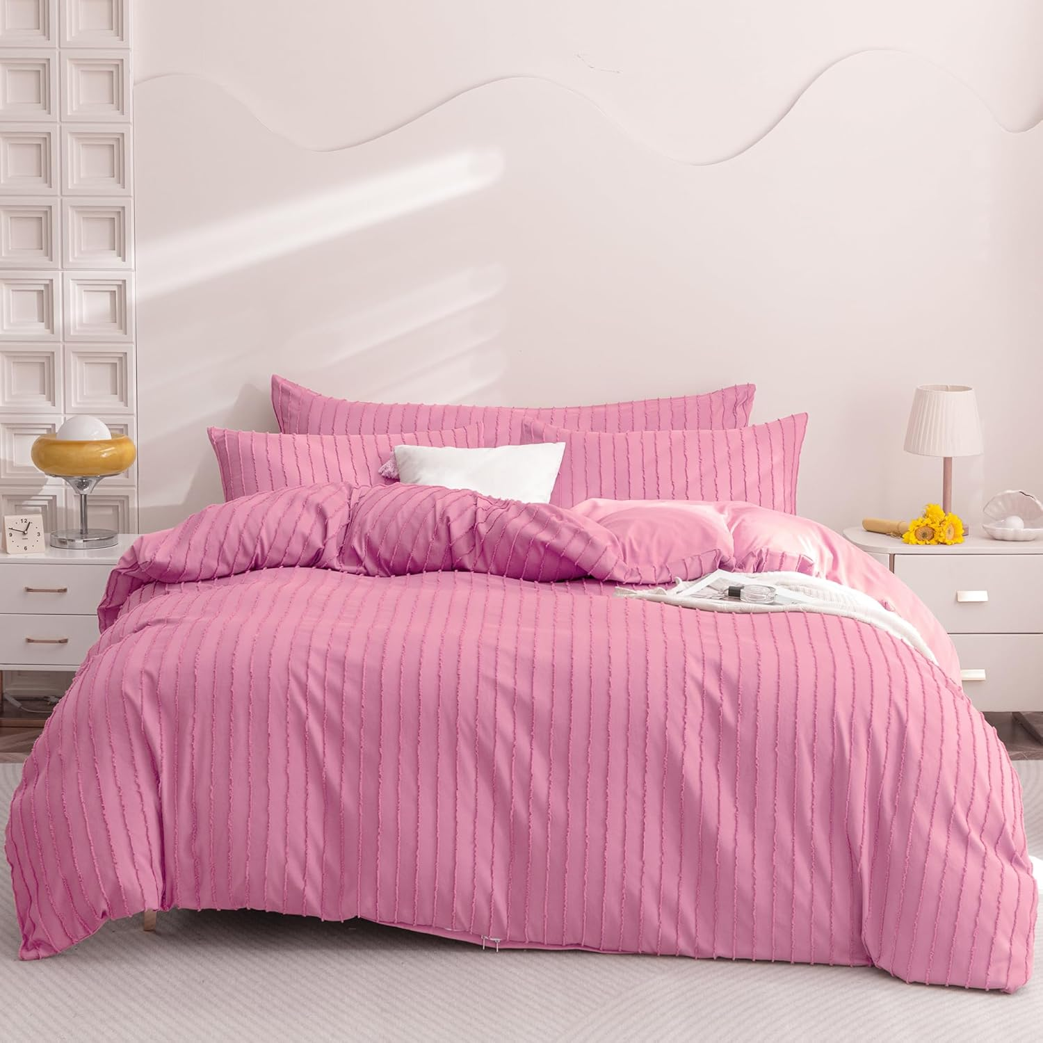 JELLYMONI Barbie Pink Duvet Cover Queen Size - 3PCS Microfiber Tufted Duvet Cover Set, Boho Striped Tufted Textured Duvet Cover with Corner Ties & Zipper Closure image number 7