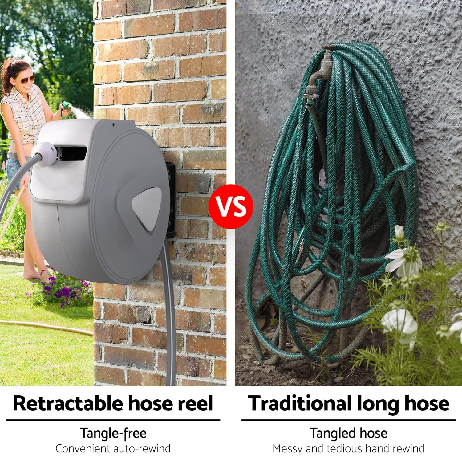 Retractable Hose Reel, 20M Garden Pressure Water Washer Spray Gun Auto Reels Hoselink Wall Watering Hoses Indoor Outdoor Retracting Storage, 180&deg; Swivel Mount Built-In Handle Rubber Stopper Grey image number 2