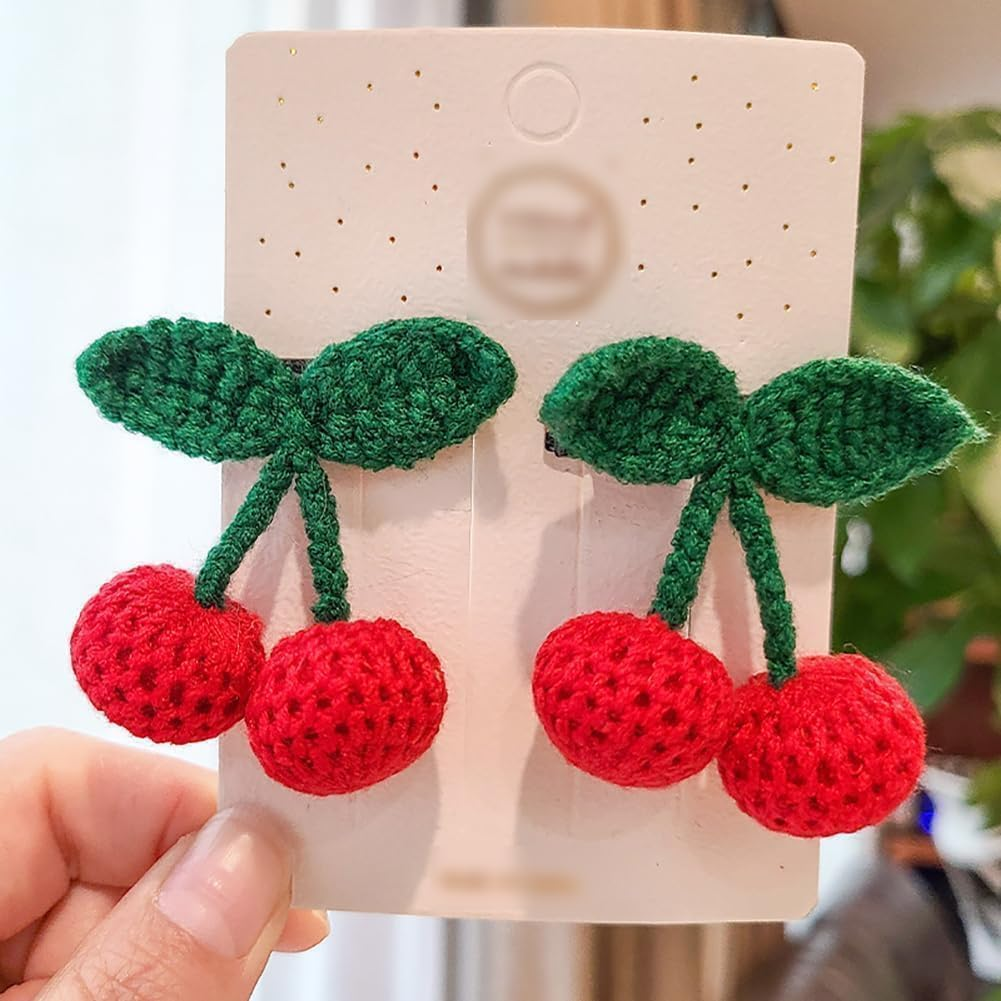 4 Pcs Red Sweet Cherry Hair Clips and Hair Ties Handmade Crochet Fruit Hairpins Hair Barrettes Cute Hair Accessories for Women Girls, Hair Styling Accessories image number 4