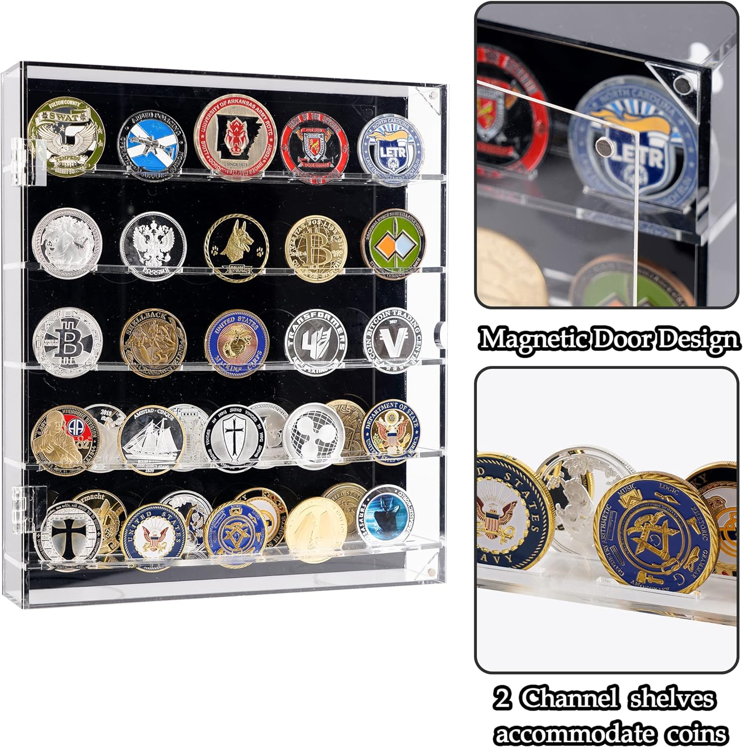 Military Challenge Coin Display Case Lockable Cabinet Rack Holder Shadow Box with Removable 2 Grooves Shelves and anti Fade Acrylic Glass Door for Casino Poker Chips Collectibles Black image number 6