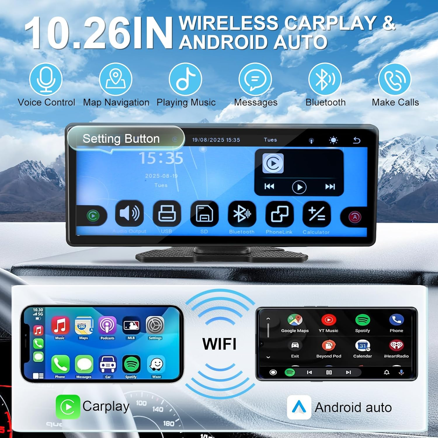 TMA Carplay Screen, 10.26 Inch Wireless Apple Carplay & Android Auto, Portable Car Stereo Touch Screen with 1080P Backup Camera, Mirror Link/Gps Navigation/Bluetooth Audio/Suitable for All Car Models image number 4