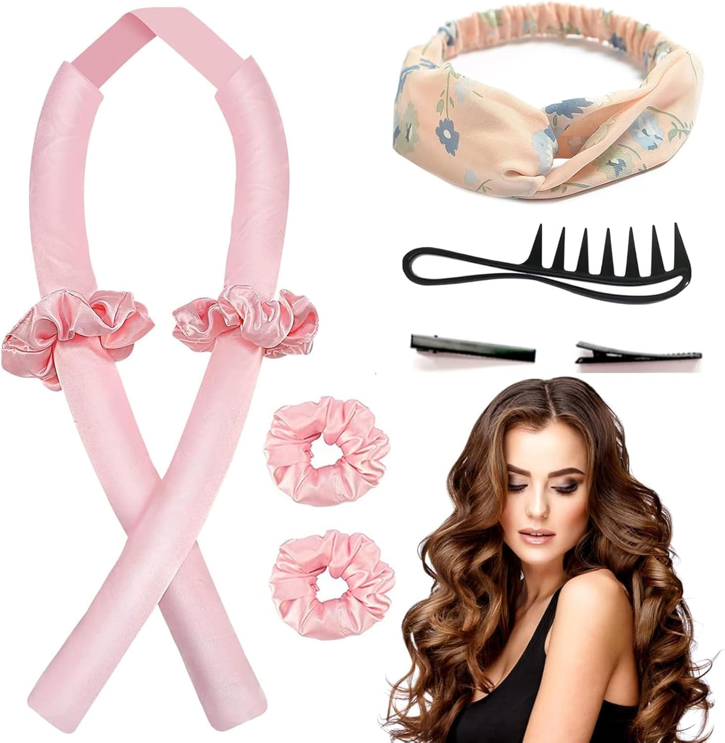 Heatless Curlers Headband, DIY Styling Curling Rod, Soft Sleeping Wave Curls Tools with Flower Patten Elastic Hair Band, No Heat Rollers Rod for Long Medium Hair (Comb) image number 5