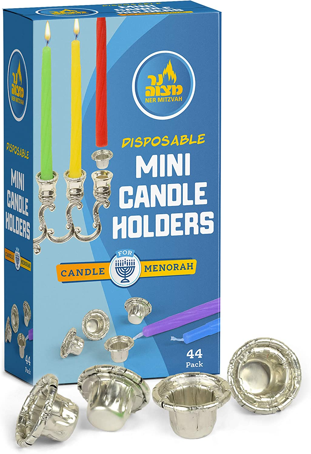 Ner Mitzvah Hanukkah Mini Candle Holders - Disposable Liner Inserts for Candle Menorah - Drip Guard Foil Cups - 44 Count - Mini