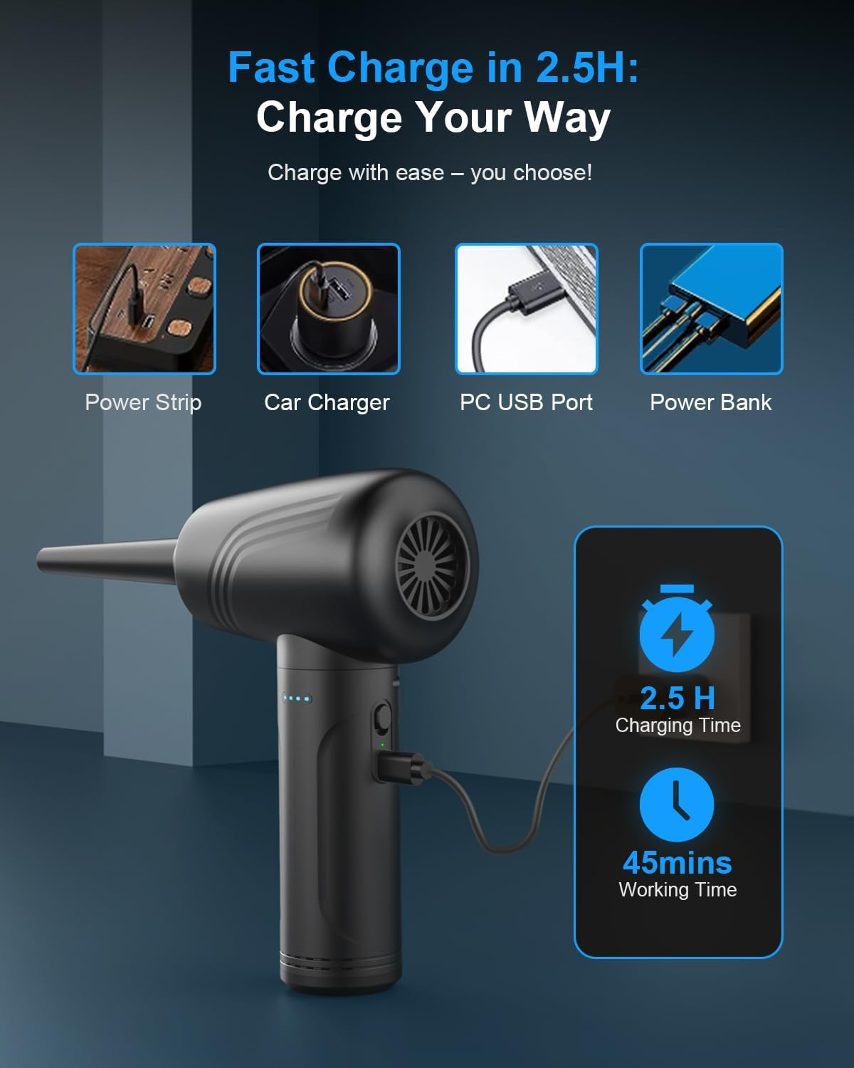 BANKKY Electric Air Duster: 3-Gear Adjustable 120000 RPM Compressed Air Duster with LED Light- Adjustable Rechargeable Jet Air Blower - 9000Mah Cordless Dust Blower for Computer, Keyboard and Car image number 3