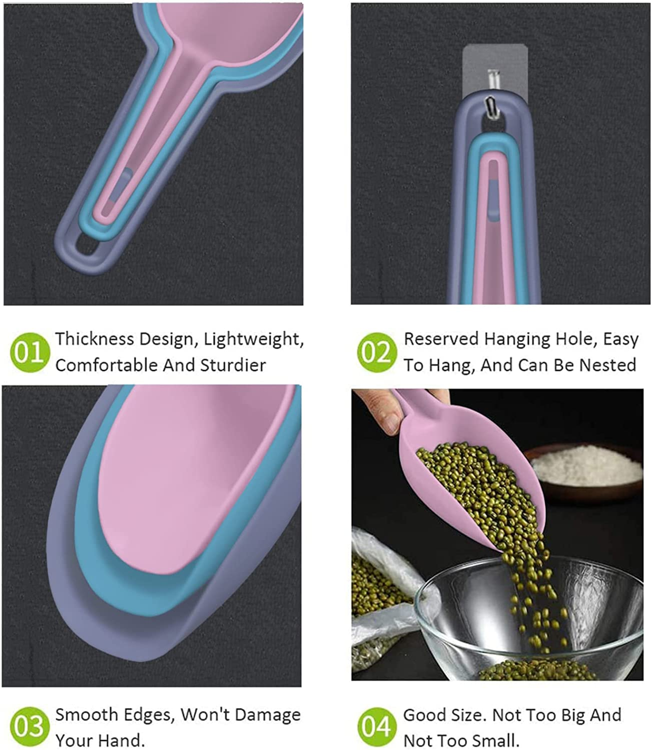 Ice Scoop Set of 3,Multi Purpose Plastic Kitchen Scoops Canisters,Ice Scooper for Freezer,Rice,Canisters,Flour,Dry Foods,Candy,Pop Corn,Coffee Beans and Pet Food - Gray+Blue+Light Blue image number 3