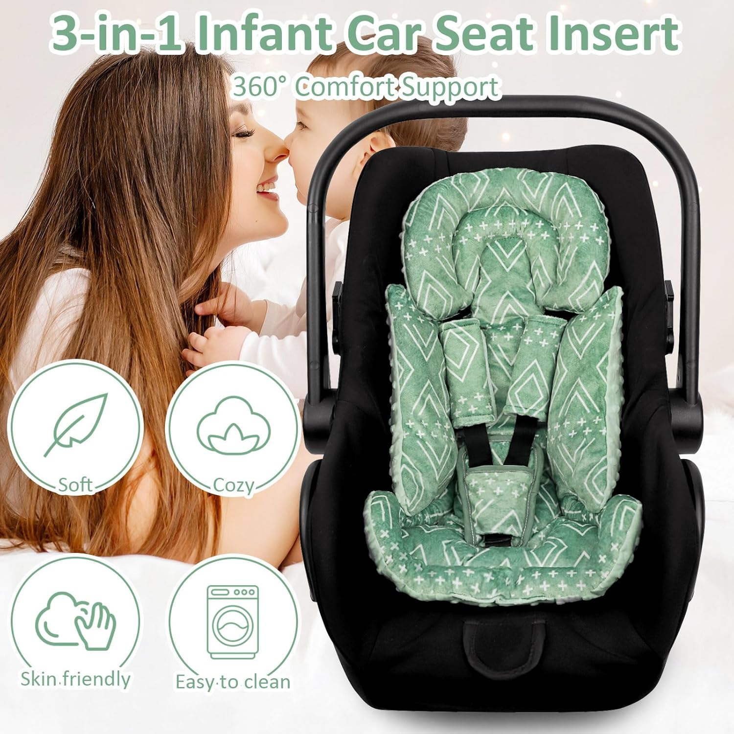 TANOFAR Car Seat Head Support Baby - Infant Car Seat Insert for Newborn Girls Boys - Soft Carseat Head Support for Infant - Newborn Carseat Insert for Car Seats, Strollers, Swings, Bouncer (Green) image number 4
