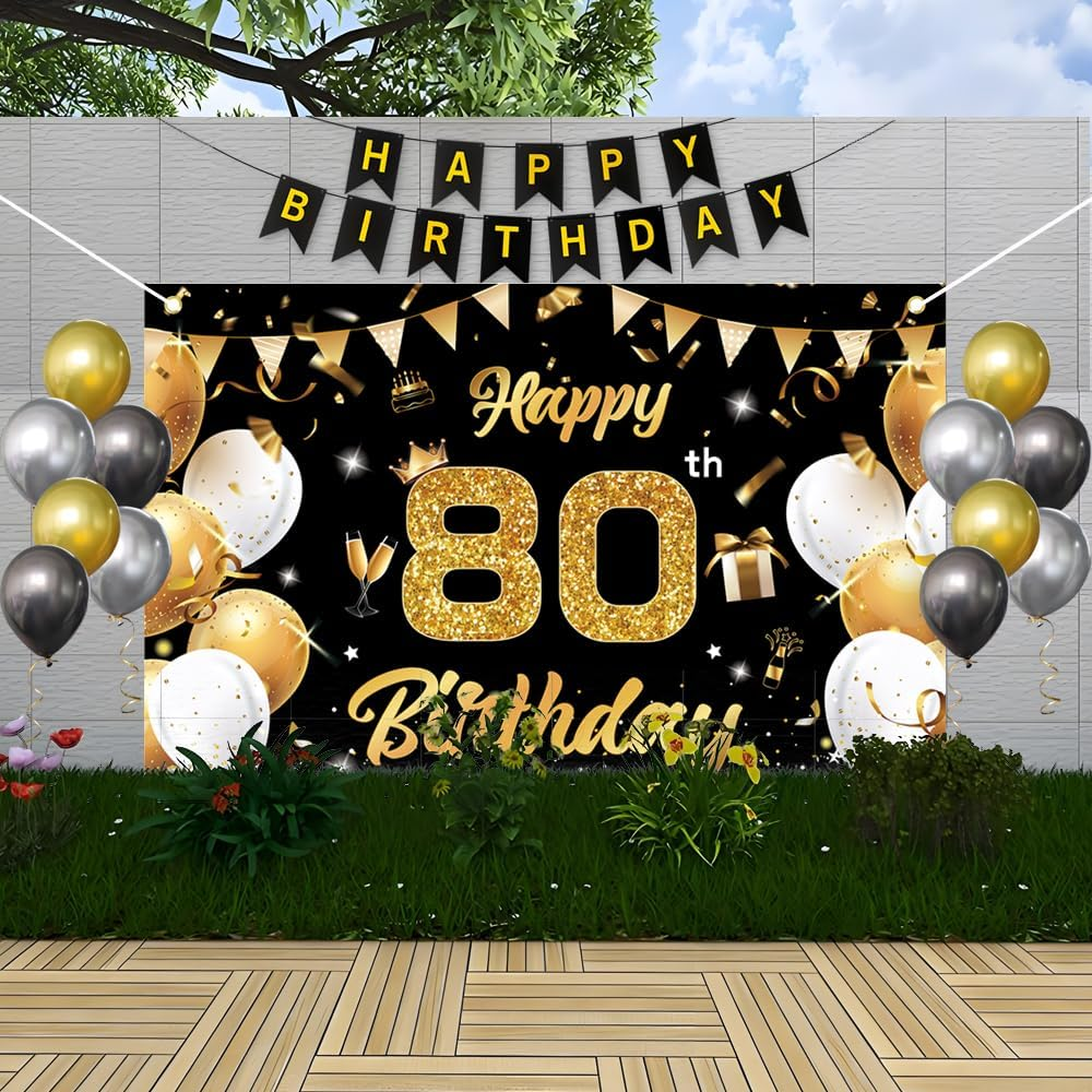 Black Gold Happy 80Th Birthday Banner Backdrop Kit with 12 Balloons,Cake Topper,1.8M X 1.15M Birthday Decorations for Parties,Photography-Premium Birthday Party Supplies for Men Women image number 6