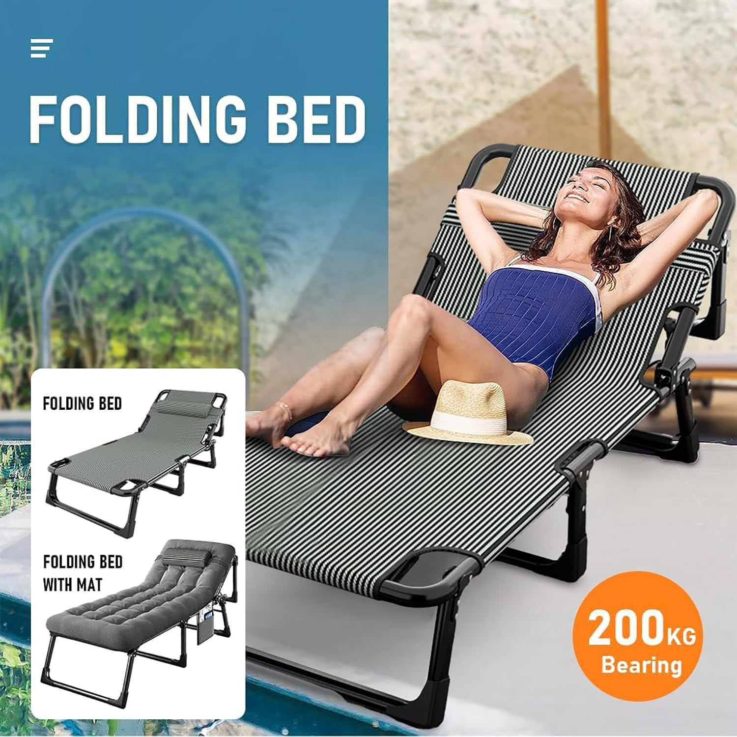 Adjustable Folding Bed with Mattress, Camping Cot Cushion and Pillow, Lightweight Convertible Lounge-Recliner, Sleeping Cot Outdoor Camping Bed for Camp, Travel, Beach, Patio, Office, Home Naps image number 2