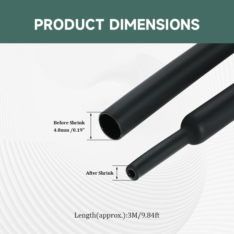 3M (9.84Ft) 4.8Mm Heat Shrink Tubing, 3:1 Shrink Ratio Sleeving for Electrical Insulation, Wire Connector Repair, Cable Harness Protection, Automotive Wiring (Black) image number 2