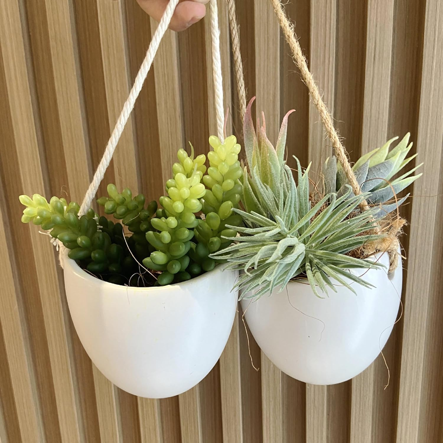 ONEIN Wall Planters Hanging Ceramic Plant Pots 2 Pieces, Hanging Planter Wall Decoration for Indoors, Balcony and Garden - White (Matte) image number 4