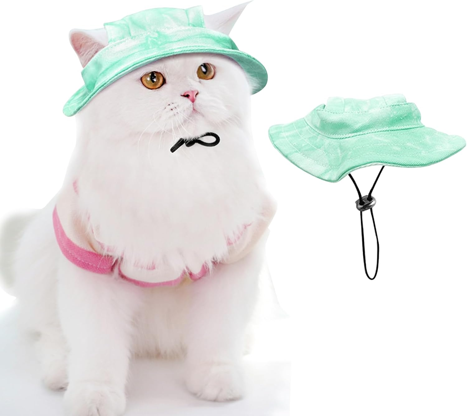 Pet Hat with Ear Holes Sunscreen Cat/Dog Hats Adjustable String Pet Hats Sun Hat Bucket Hat Outdoor Sun Protection Pet Caps for Small Medium Cats Dogs (Light Green, Medium)