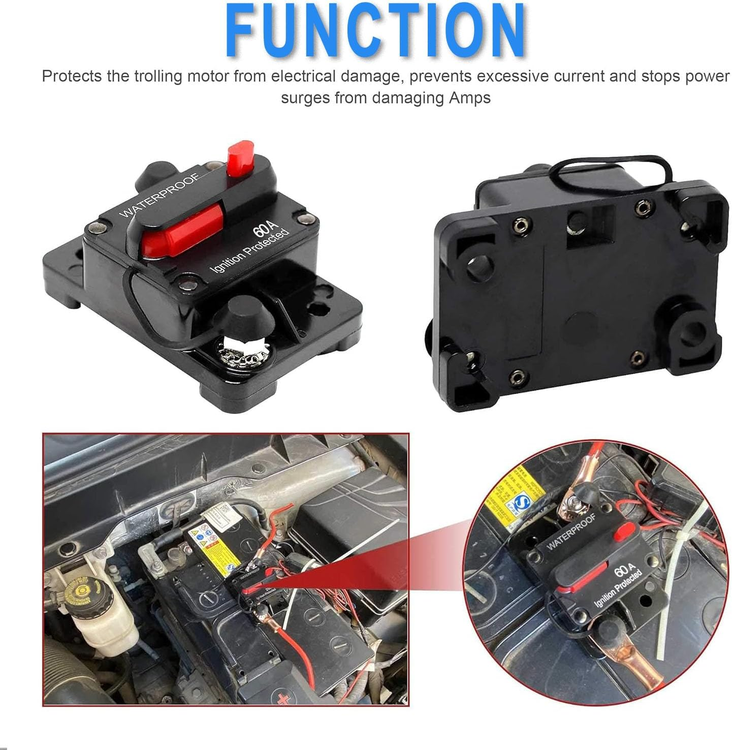BEANPRECOY Circuit Breaker with Manual Reset 12V-48V DC Waterproof Audio Inline Fuse Holder Inverter for Car, Motor, Marine Boat, Solar Power image number 4