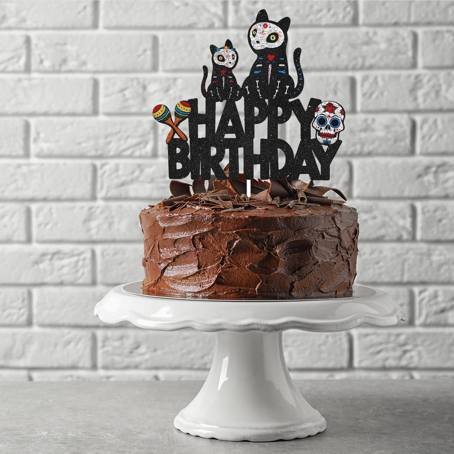 Halloween Sugar Skull Cat Happy Birthday Cake Topper - Halloween Skeleton Day of the Death Cake Topper Supplies - Gothic Mr Mrs Wedding Party Decoration image number 2