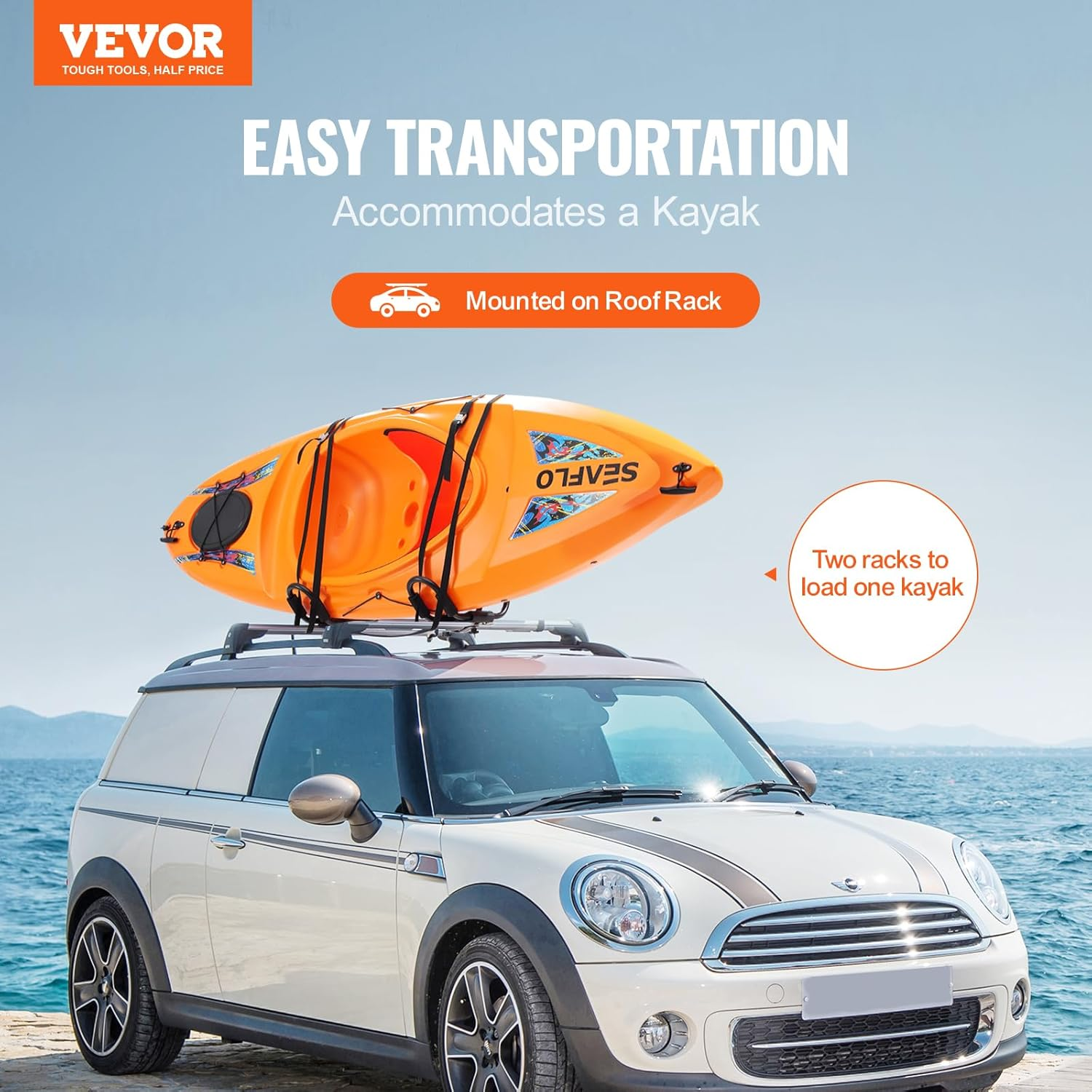 VEVOR Kayak Roof Rack 1 Pair J-Bar, Soft Roof Rack Quick Folding, Top Mount Tie Down, Carrier for Kayak, Surf Board, Canoe, SUP, Ski Board, Mount on Car, SUV, Truck, 1 Kayak image number 2