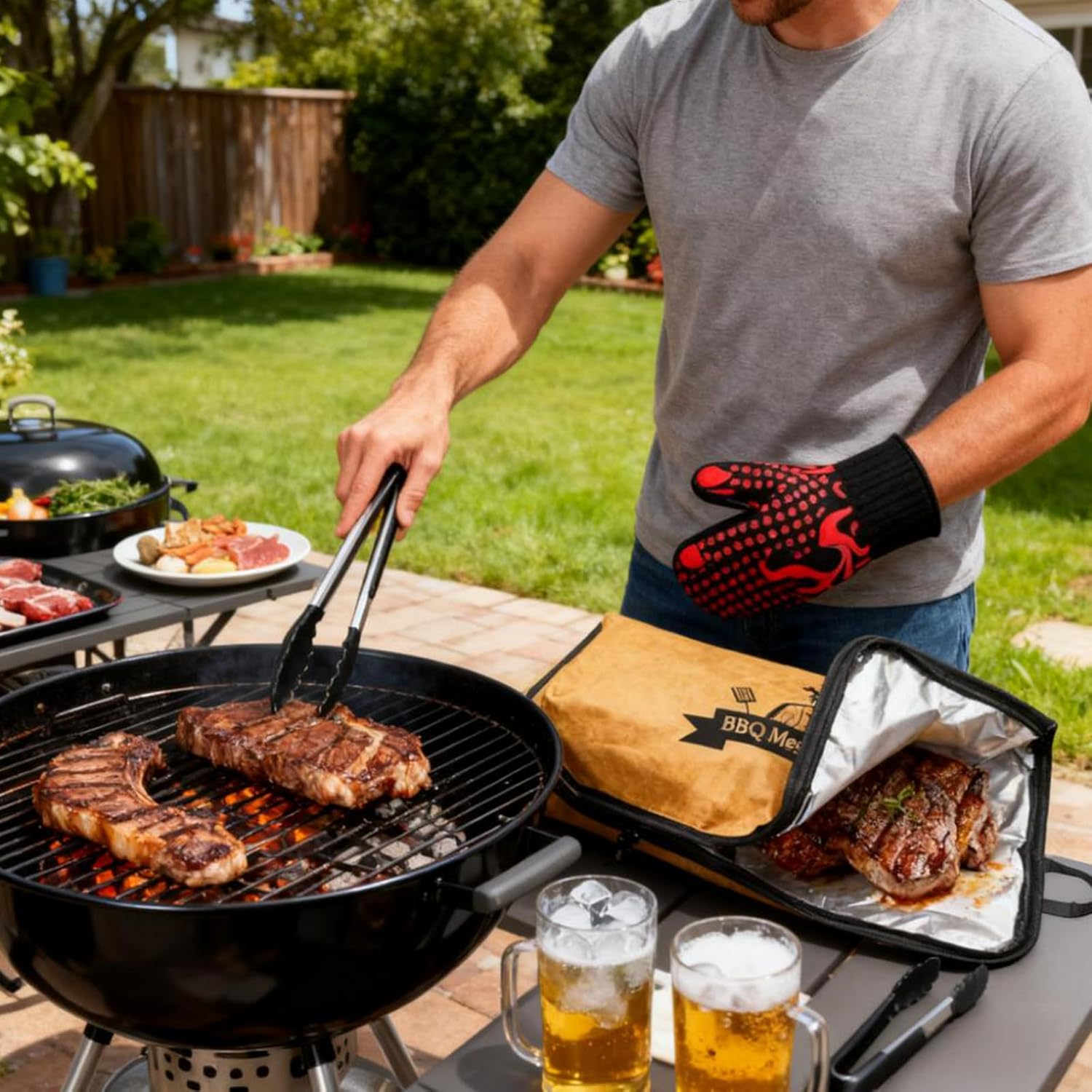 1Pcs 21" BBQ Blanket for Resting Meat-Bbq Accessories with 1 Heat-Resistant Gloves 1 Cooking Tong,Reusable Reat Insulated Resting Bag,Meat-Grill Mats Cooking Utensils for Outdoor,Grilling Gifts