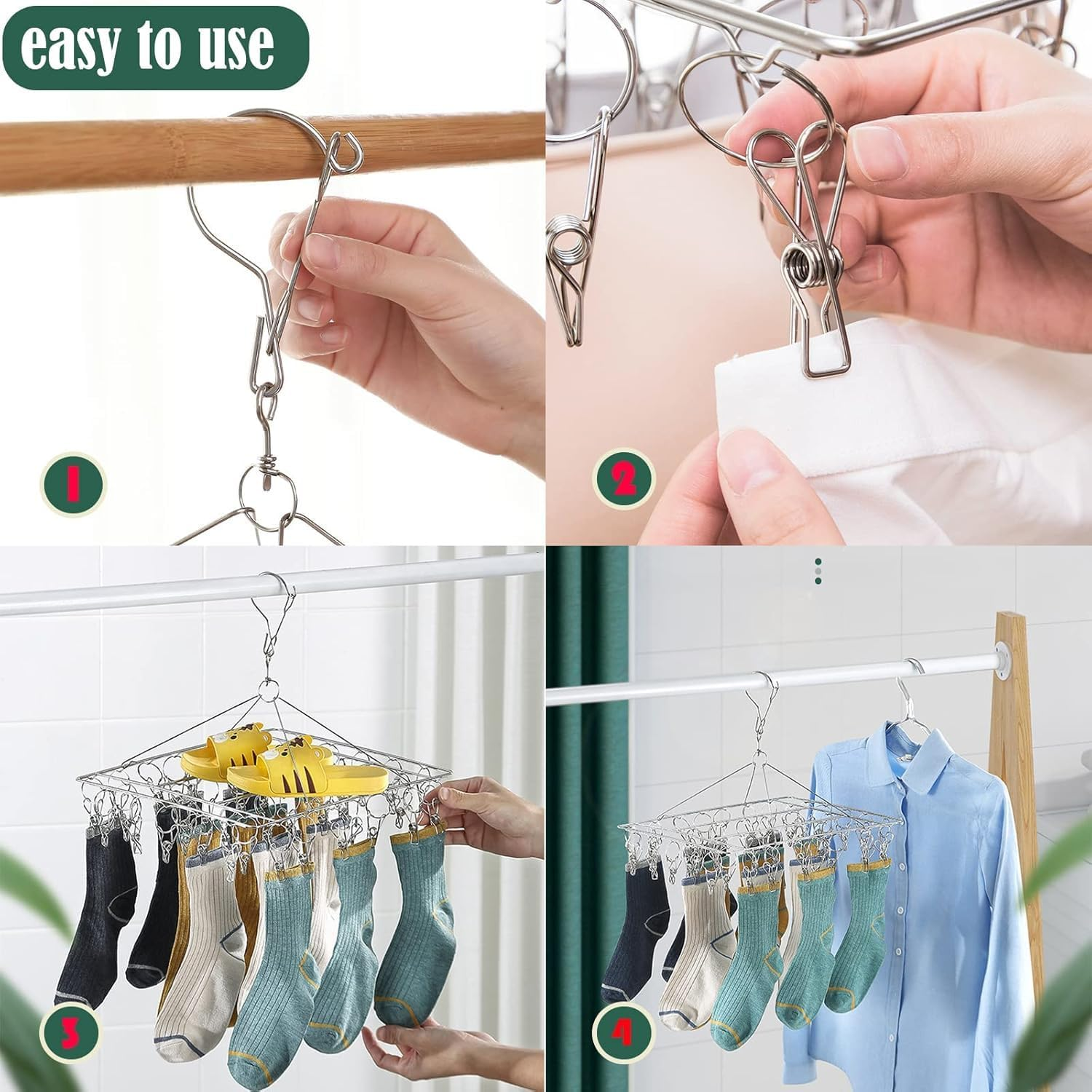 Clothes Drying Rack with 40 Clips,Stainless Steel Laundry Clothesline Hanging Rack, Anti-Wind Drying Clothes Hanger Hook, Drip Hangers Clothes Drying Rack for Underwear Towel Scarves Socks (Silver) image number 5