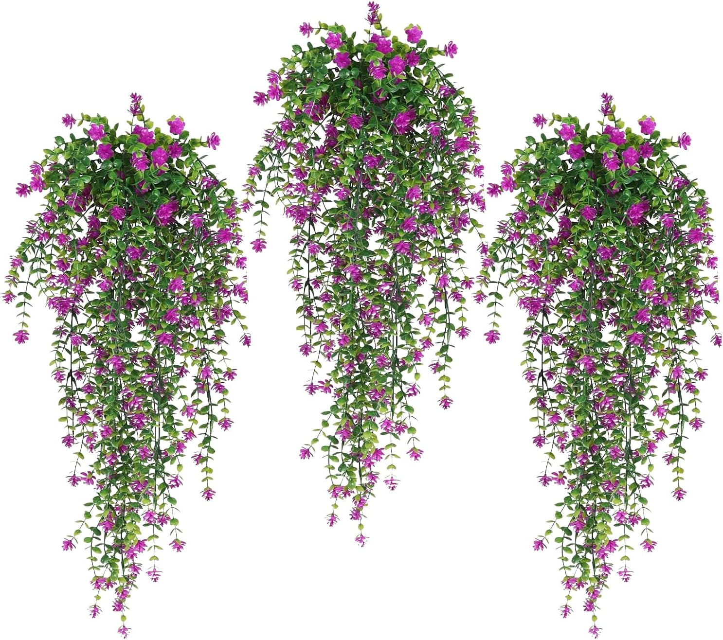 3Pcs Artificial Fake Hanging Plants Simulated Faux Fern Outdoor UV Resistant Plastic Greenery Flowers Plant Vine for Decorations Home Room Wall Garden Courtyard Wedding Party Balcony Decor(Rose)