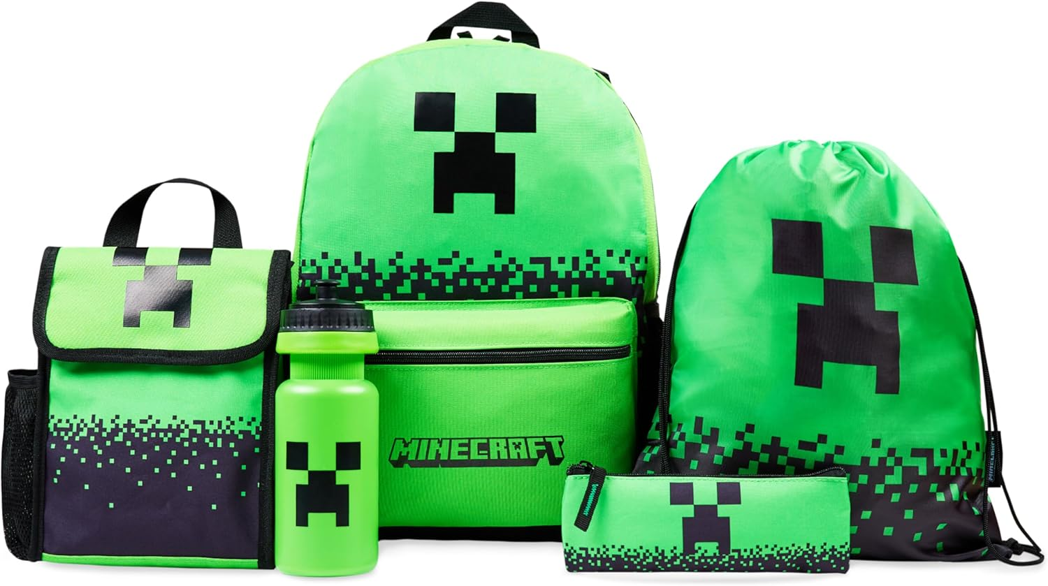 Minecraft Backpack Set 5 Pcs Water Bottle Insulated Lunch Bag Pencil Case Drawstring Bag or Lanyard Keyring School Supplies, Green AOP, Set of 5, Backpack Set 5 Pcs