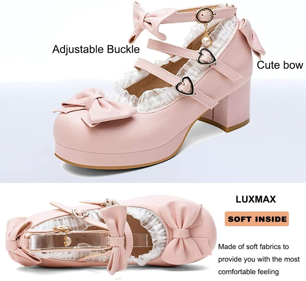LUXMAX Women Cute Shoes Kawaii Pumps Mid Block Heel Mary Janes Platform Sweet Cosplay Dress Shoes Strappy Ankle Strap Pumps with Bow image number 4
