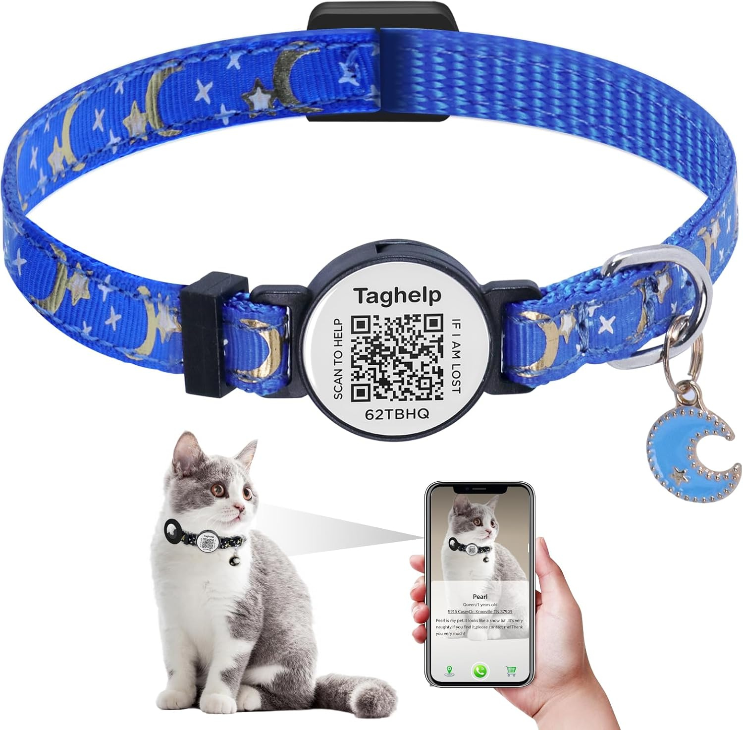 Stars and Moon Airtag Cat Collar with Airtag Holder,Air Tag Cat Collar for Apple. Solid & Safe, Pet Collar, Breakaway Cat Collar, QR Code Cat ID Tags - Pet Online Profile(Blue)